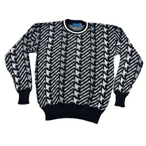 Vintage Towncraft Sweater Mens L Geometric Crewneck 90s Chevron Black White